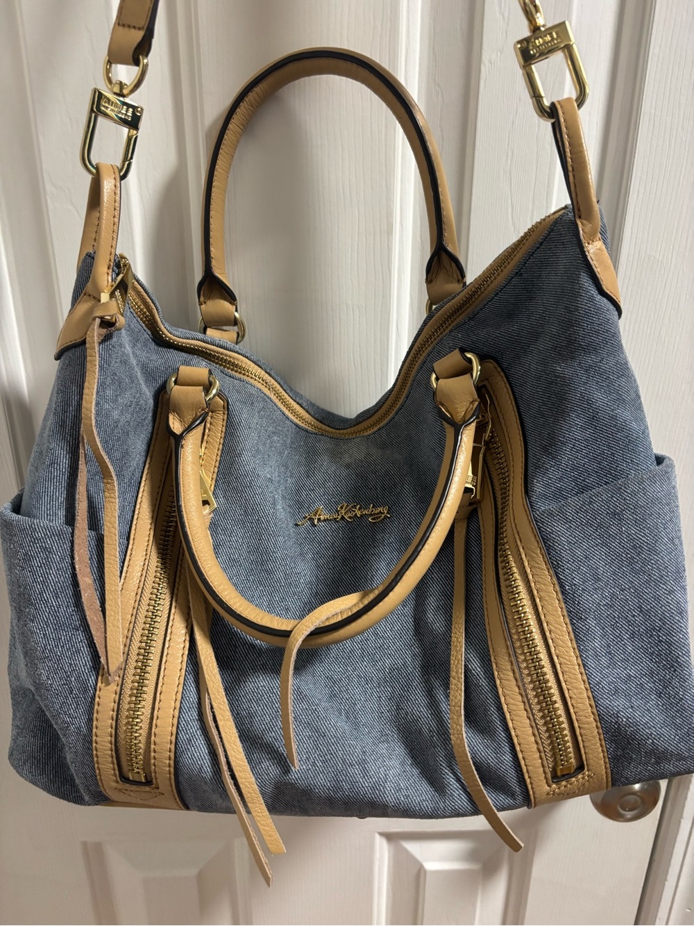 Aimee Kestenberg Denim Leather Satchel - Tan Trim & Double Zippers - EUC - Picture 4 of 13